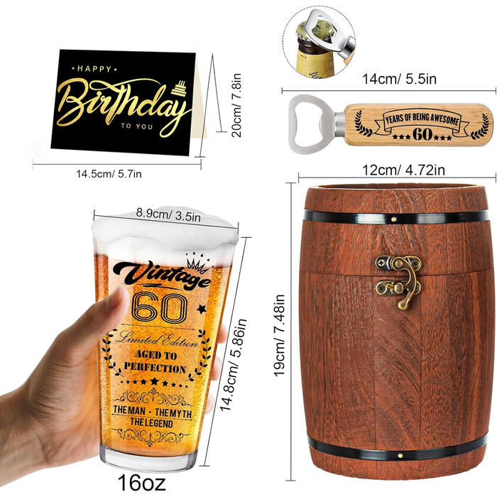 Персоналізований пивний келих з гравіюванням для чоловіка на 60 років, 1966 рік народження, в дерев'яній подарунковій коробці 470 мл + відкривачка для пляшок. Ідея подарунка на День народження, День Святого Валентина.