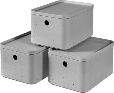 Коробка для зберігання CURVER S з кришкою (4 л), набір із 3 шт. , пластик, світло-сірий (бетон), маленька