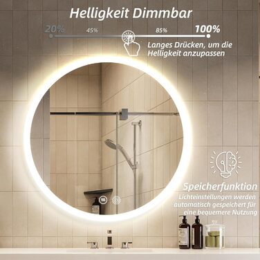 Дзеркало для ванної кімнати HySail з підсвічуванням, 5 мм, високоякісне срібне скло, 3 колірні температури та регульована яскравість, настінне дзеркало з сенсорним перемикачем та антизапарюючим покриттям, кругле (3 кольори + регулювання, 80x80 см)