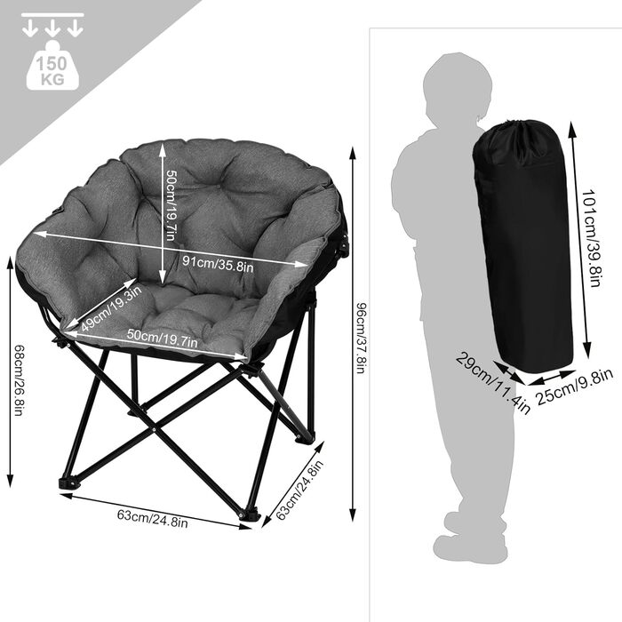 Крісло для кемпінгу WOLTU складне, складаний стілець, складаний стілець для риболовлі, м'який складаний стілець, стілець для кемпінгу Пляжне крісло Крісло для пікніка, місячне крісло, оксфордська тканина, 150 кг, чорний темно-сірий, CPS8160szdg 1 металева