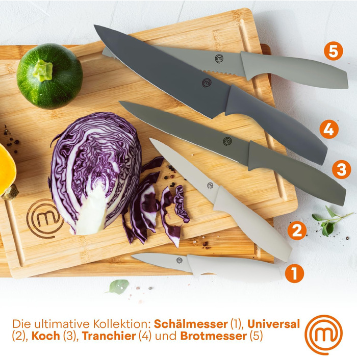 Набір ножів MasterChef 5-ти частинний: кухонний, для хліба, сатокі, овочевий, універсальний, з нержавіючої сталі, чорний, з м'якими ручками