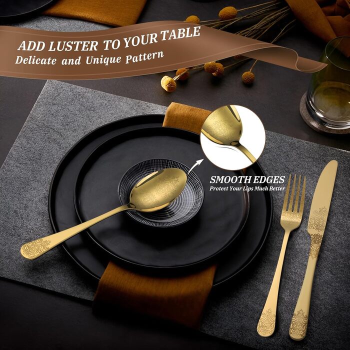 Набір столових приборів DRAGON RIOT Gold 30 предметів, нержавіюча сталь, для 6 осіб, з ножем, виделкою, ложкою. Підходить для дому, ресторану, вечірки.