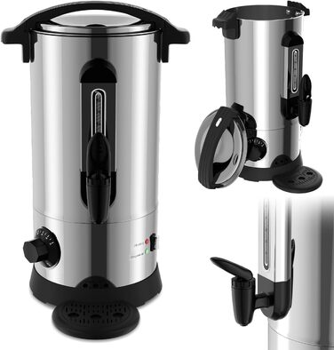 Глювайновий нагрівач з 10 чашками | 1500W нагрівач гарячих напоїв з нержавіючої сталі з термостатом 30–110°C, функцією підігріву та краном | Глювайновий автомат для вечірок (8л, срібний)