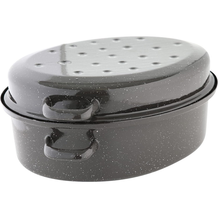 Запіканка для гусака з кришкою, овальна, сталева емальована жаровня, кришка може використовуватися в якості форми для духовки, чорний / білий спрей, 134535