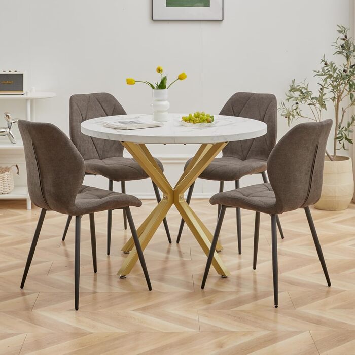 Набір обіднього столу та стільців GrandCA HOME: круглий стіл 100 см + 4 сучасні стільці з льону, сіро-темний колір (мрамор + чорний)