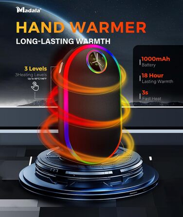 Електричний підігрівач для рук 10000mAh з підсвічуванням (7 кольорів), перезаряджуваний, портативний, чорний - ідеальний зимовий подарунок для чоловіків та жінок