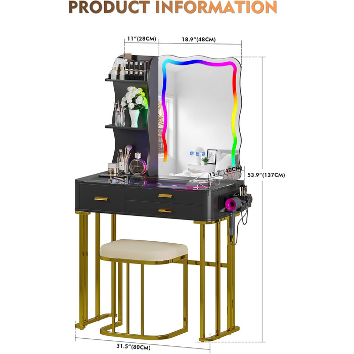 Туалетний столик Lvifur з дзеркалом, підсвічуванням, табурет, скляна стільниця, 3 висувні ящики, підставка для губної помади та фена, 40x80x140 см, чорний/золотий