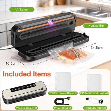 Вакууматор SHINER 6-в-1 для сухих та вологих продуктів, компактний вакуумний пакувальник з цифровим дисплеєм та набором пакетів, сріблястий