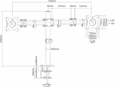 Кріплення для монітора PureMounts (2 монітори), 17-32 дюйми, до 8 кг, VESA 75/100, регульоване, чорне