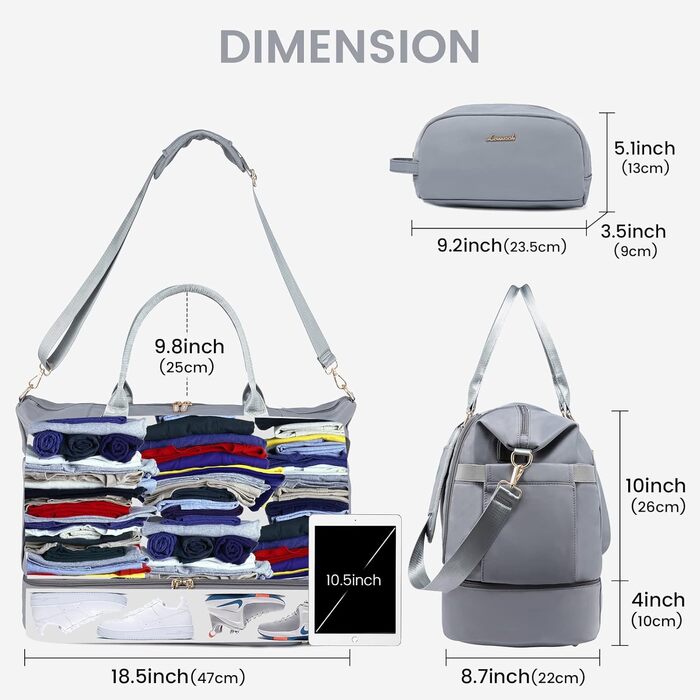 Спортивна сумка LOVEVOOK для подорожей, жіноча дорожня сумка Weekender з косметичкою, відділенням для взуття та мокрих речей, водонепроникна, 37L, сіра