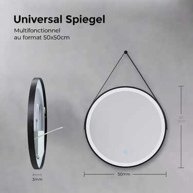 Круглий дзеркало для ванної кімнати з підсвічуванням 60см, LED дзеркало з регулюванням яскравості, сенсорне керування, чорна рама, знімна стрічка, 6500K (холодне світло)