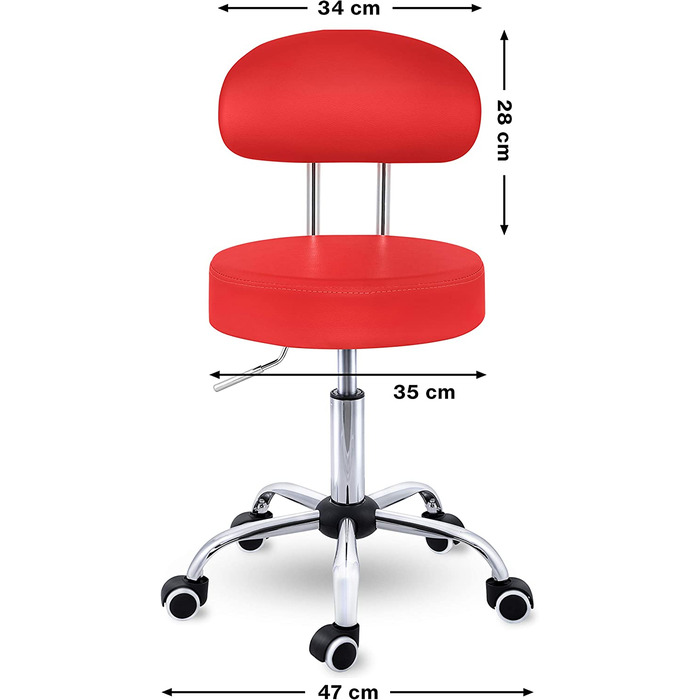 Стілець на коліщатках TRESKO зі спинкою / робочий стілець з регульованою висотою 47-60 см / обертовий стілець на коліщатках / офісний стілець обертовий стілець косметичний стілець (червоний)