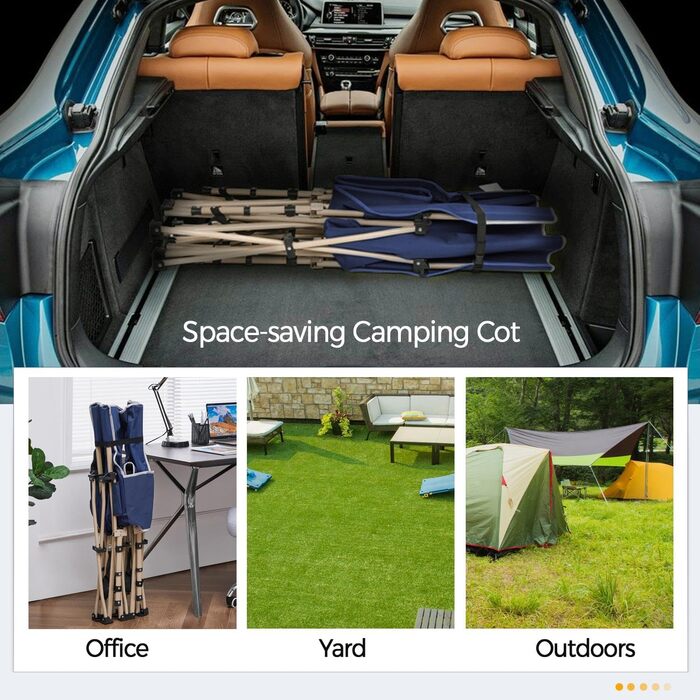 Розкладне кемпінгове ліжко Yaheetech для відпочинку та риболовлі, темно-синє, витримує до 150 кг, з кишенею та сумкою для транспортування