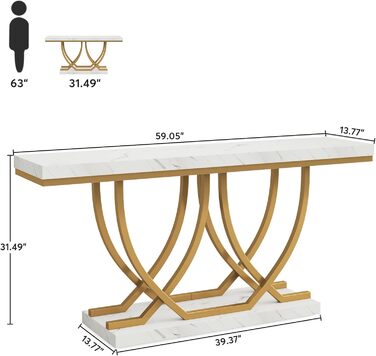 Консольний столик Tribesigns, 150 см, золотисті металеві ніжки, штучний мармур білий, вузький для вітальні/передпокою