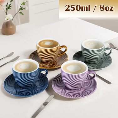 Набір кавових чашок Yundu 250мл (4 шт.) з підставками, кераміка, для капучино, еспресо, лате, матча, мокко