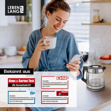 Скляний чайник LEBENLANG 1.2 л з LED-підсвіткою - нержавіюча сталь, без BPA | Чайник для подорожей, кемпінгу