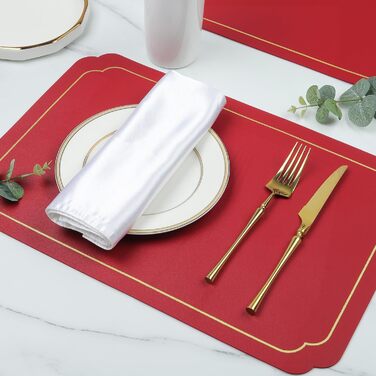 Набори підставки під тарілки Fanquare, 6 шт., зелені, прямокутні, з екошкіри, з золотим кантом. Стійкі до нагрівання, миючіся, антиковзаючі підставки для обіднього столу, весільної декоації. Розмір 45 * 30 см.