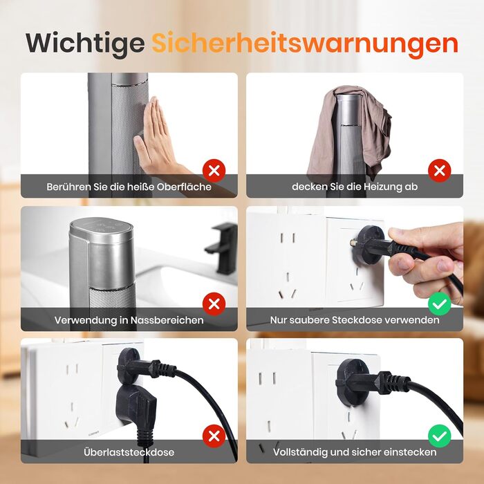 Електричний обігрівач з термостатом та ECO-режимом, 1500W, PTC керамічний, 4 режими, цифровий дисплей, таймер 12 годин, 35dB, срібний (74cm)