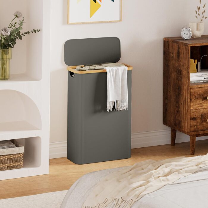 Кошик для білизни Youdenova з кришкою, 48л, вузький, з мішком для білизни, сортувальник, бамбук, білий