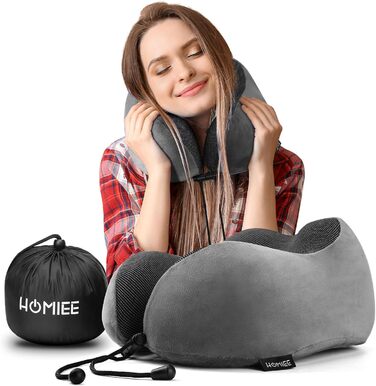 Подушка для шиї HOMIEE, подушка для подорожей, автомобіль, memory foam, ортопедична, для сну, офісу, подорожей (сіра)