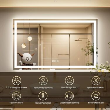 LED дзеркало для ванної кімнати 60x80 см з підсвічуванням, сенсорне керування, регулювання яскравості, 3 кольори світла, антизапар, IP44, вертикальна/горизонтальна орієнтація