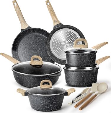 Набір каструль з кришкою для індукційних плит, 13 предметів, чорний гранітний набір посуду, антипригарне покриття без PTFE та PFOA
