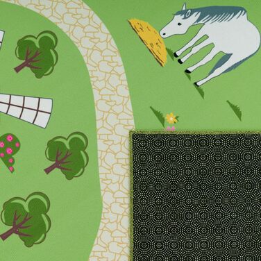 Дитячий килимок Paco Home для дитячої кімнати, ігровий килимок з пейзажем і конячками нековзний розмір (80 х 150 см, зелений)
