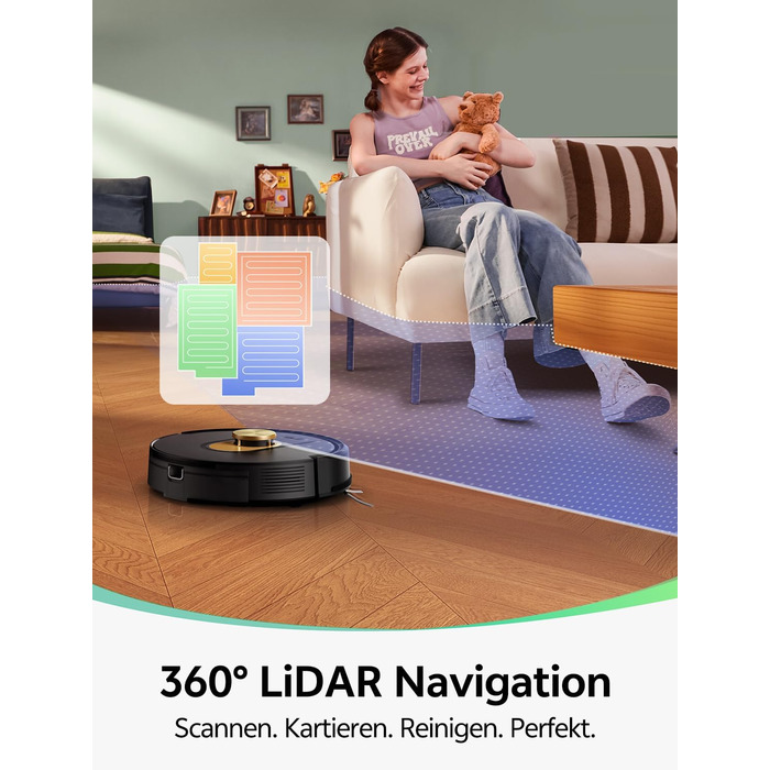 Робот-пилосос Vexilar з функцією миття підлоги, 8000Pa, LiDAR-навігація, 5 карт, 180 хв роботи, 50dB, керування через додаток та голосовий помічник, для твердих поверхонь та килимів, золотий