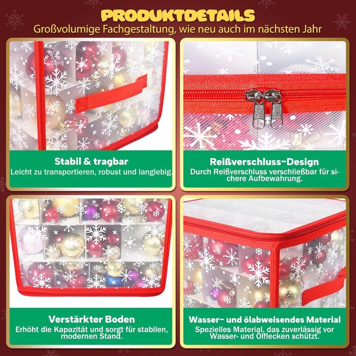 Коробка для прикрас на ялинку з регульованими перегородками, 64 відділення, 4 рівні (червоно-зелена)