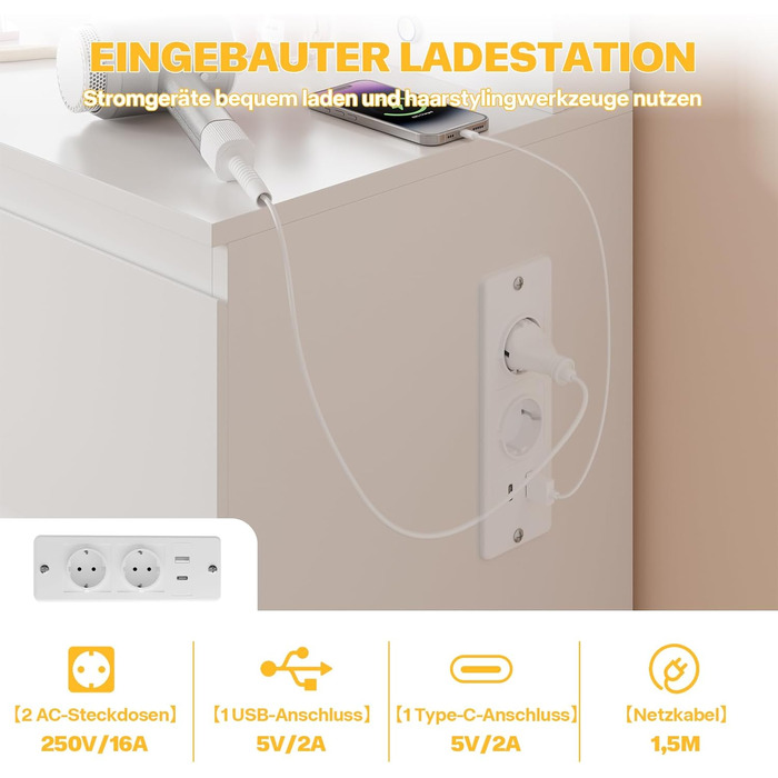 Дзеркальний туалетний столик Airfish з LED-підсвіткою та великим дзеркалом, 120x40x140 см. Туалетний столик з шухлядами та косметичним ящиком для спальні, білий