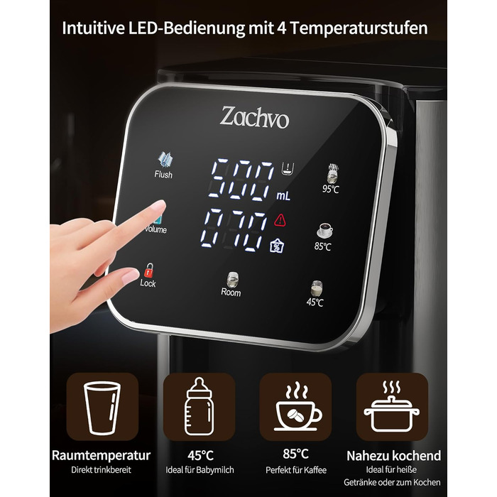 ЗACHVO Дозатор гарячої води UR05-2200W: миттєве гаряче водопостачання, 4 температурні режими, 3 об'єми, 4л бак, компактний та енергоефективний, захист від перегріву, дитячий замок, для кухні та офісу, фільтр з активованого вугілля