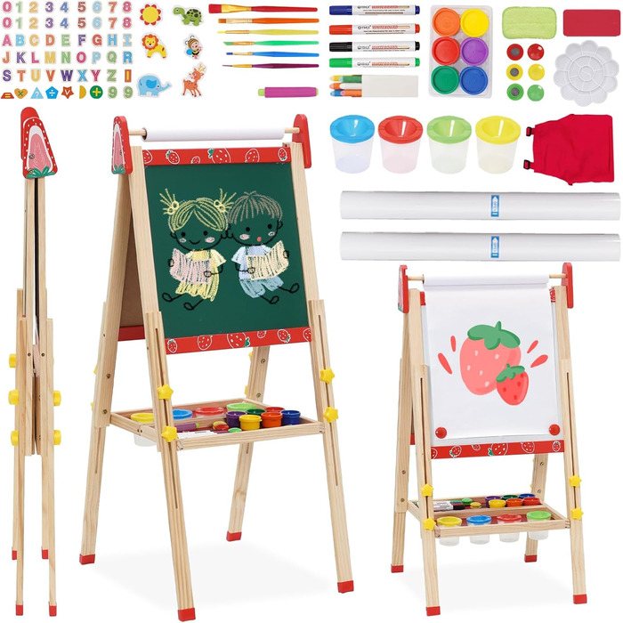 Дитяча мольберт Kinder Staffelei 3 в 1: регульована висота, подвійний бік, з рулоном паперу, 100+ аксесуарів для малювання, для дітей 3-8 років (червоний)