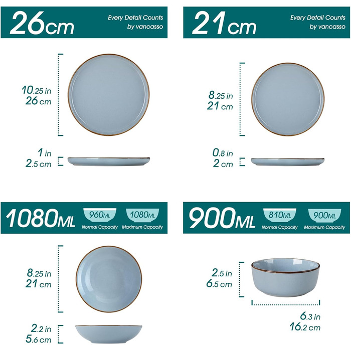 Набір посуду Steingut vancasso LOIRE 24тг. для 6 осіб: тарілки, супові тарілки, десертні тарілки, миски. Сучасний блакитний дизайн, безпечний для мікрохвильовки та посудомийної машини.