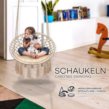 Крісло-гойдалка Tillvex для дому та саду | Міцний плетений гамак на 200 кг | З подушкою, бежевий | Для відпочинку на свіжому повітрі