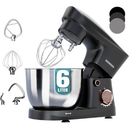 Кухонна машина Heinrichs 1500W з місткою чашею 6L з нержавіючої сталі, 10 швидкостей, титан, міксер, тістоміс, планетарний міксер