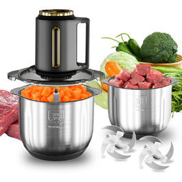 Електричний подрібнювач для кухні 2.5л, мультиподрібнювач 300W з 2 запасними лезами, 3 швидкості, придатний для миття в посудомийній машині, нержавіюча сталь 304, для дитячого харчування, овочів, фруктів, м'яса