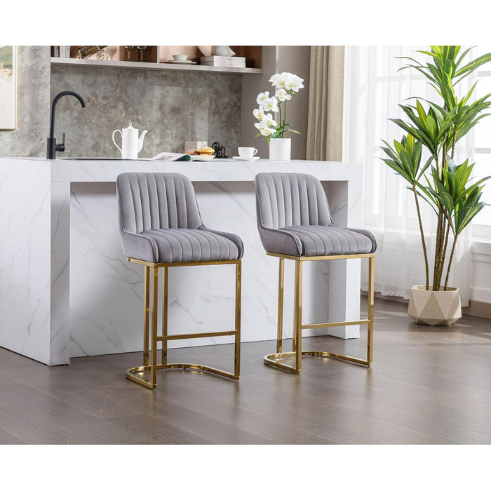 Набір з 2 барних стільців з велюру з золотистими металевими ніжками, з підлокітниками, для кухонного острова/домашнього бару, сірий