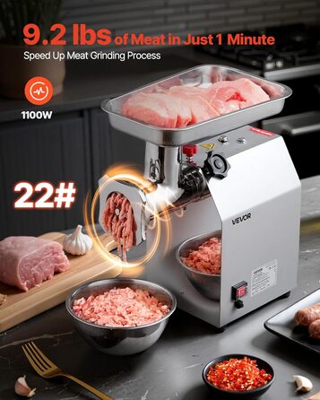 Електрична м'ясоподрібнювач VEVOR, 4.2 кг/хв, 1100 Вт, з лезом та диском, для ресторану, з нержавіючої сталі