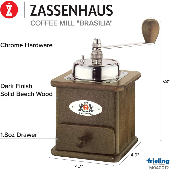 Ручна кавомолка Zassenhaus BRASILIA Бук темний 12 х 12,5 х 20 см для помелу кавових зерен Плавне помел за допомогою оригінальної кавомолки Zassenhaus