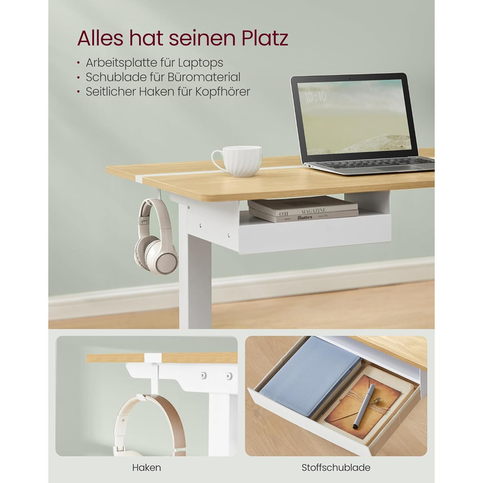 Електричний регульований стіл VASAGLE з пам'яттю висоти, з розетками та ящиком для зберігання, хмаринно-білий + золотий дуб, LSD112W01