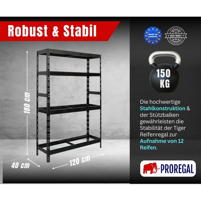 Стелаж для шин PROREGAL Tiger XL: 200x180x45 см, 300 кг навантаження, до 205/55 R16, для майстерні, складу, підвалу (12 шин + 2 полиці, чорний)