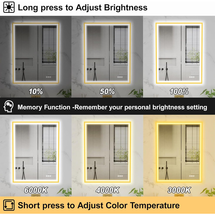 Круглий LED дзеркало для ванної кімнати Furduzz з підсвічуванням, 700 мм, настінний, сенсорний вимикач, регулювання яскравості, 3 кольори, проти запотівання, інтелектуальна пам'ять (модель 2, золота рамка, 70 x 50 см)