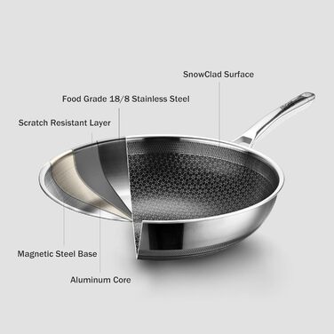 Wok SNOWCLAD 32 см з антипригарним покриттям, нержавіюча сталь, для всіх плит, безпечний, можна мити в посудомийній машині