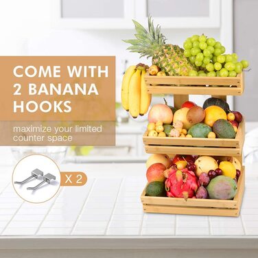 Бамбуковий кошик для фруктів ikkle 3-ступінчаста підставка для зберігання мисок для овочевого хліба з 2 банановими гачками для кухні, будинку, офісу