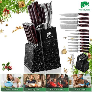 Набір кухонних ножів Fullhi 14 предметів з бруском для заточування: кухонні ножі, ножі для стейку, барвисті ручки. Ідеальний подарунок для чоловіків та жінок.