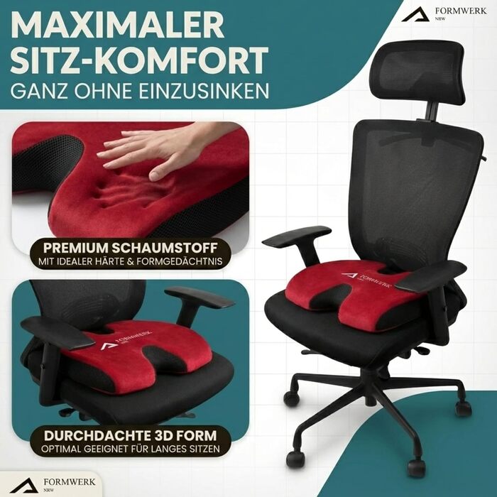 Ортопедична подушка для сидіння - преміум ергономічна подушка для офісу та авто з 3D Memory Foam - OEKO-TEX-100 (60-100 кг) (Червона)