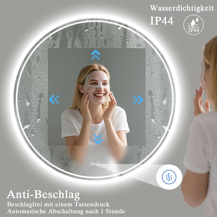 Дзеркало для ванної кімнати з підсвічуванням LED, кругле 50см, сенсорне керування, регулювання яскравості, функція пам'яті, дзеркало з HD склом, захист від вибуху, антизапотівальне покриття, 3 кольори світла, 70x70 см