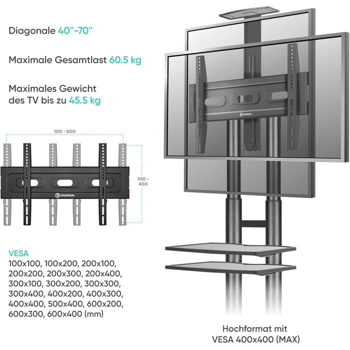 Тумба під телевізор ONKRON Rollable 40-70 дюймів, 45,5 кг, з колесами та 2 полицями, регульована по висоті, Чорна