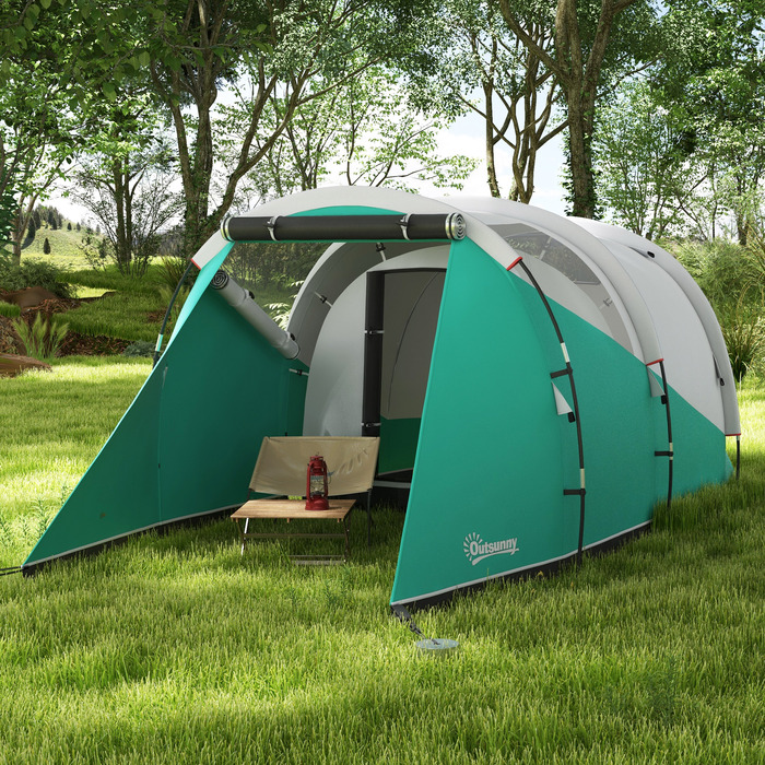 Намет Outsunny Tunnel Camping Tent для 5 осіб Сімейний намет з 2 кімнатами та сумкою для перенесення 3000 мм водяний стовп у зеленому кольорі для саду