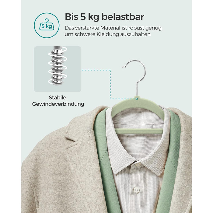 Плечики SONGMICS для одягу, велюрові, 20 шт., антиковзаючі, для краваток, 360° обертання, 0,6 см, економія місця, 43,5 см, для пальто, штанів, срібно-світло-зелені